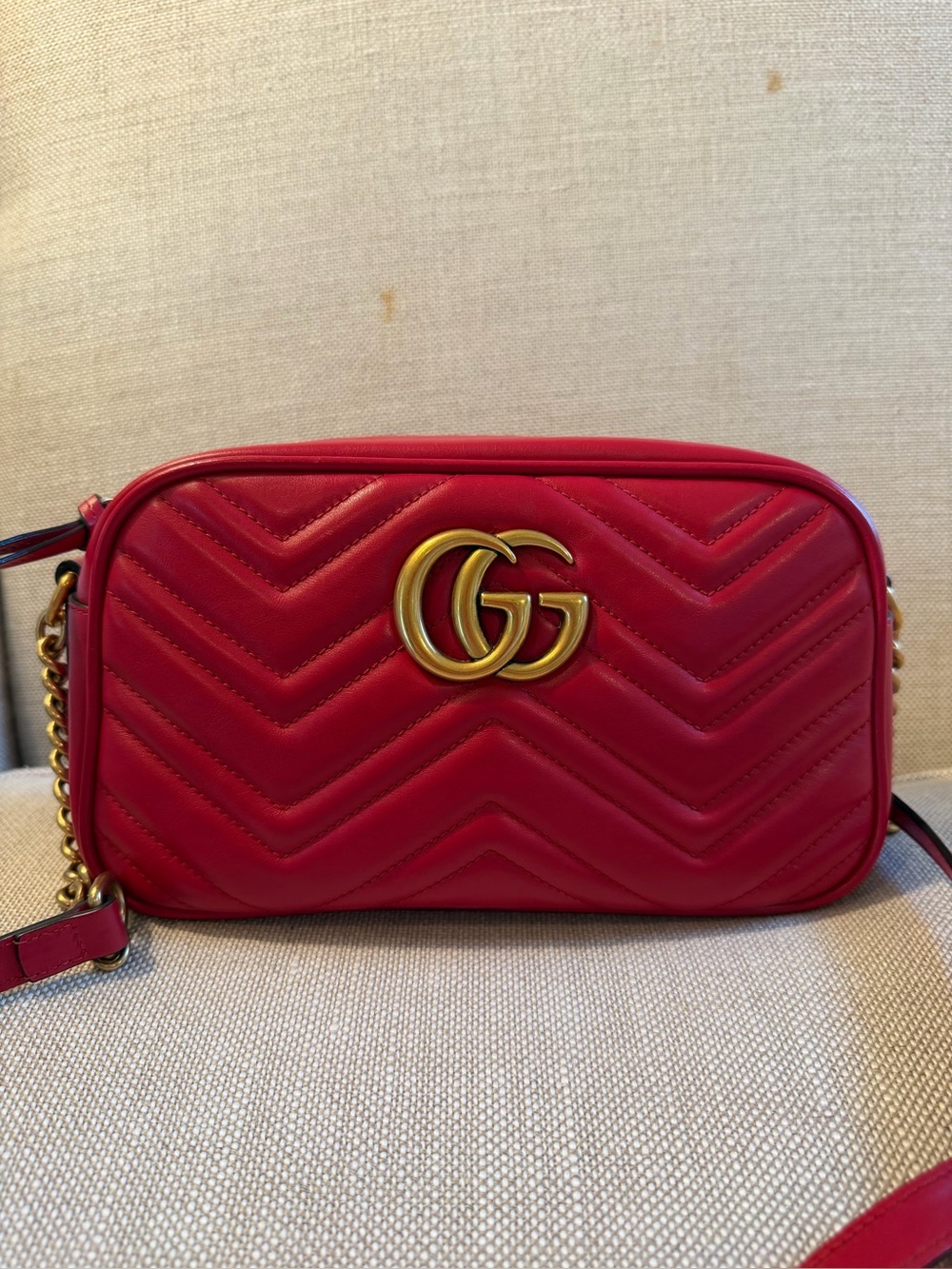 Gucci small Red GG Marmont Chevron Leather Crossbody Bag
